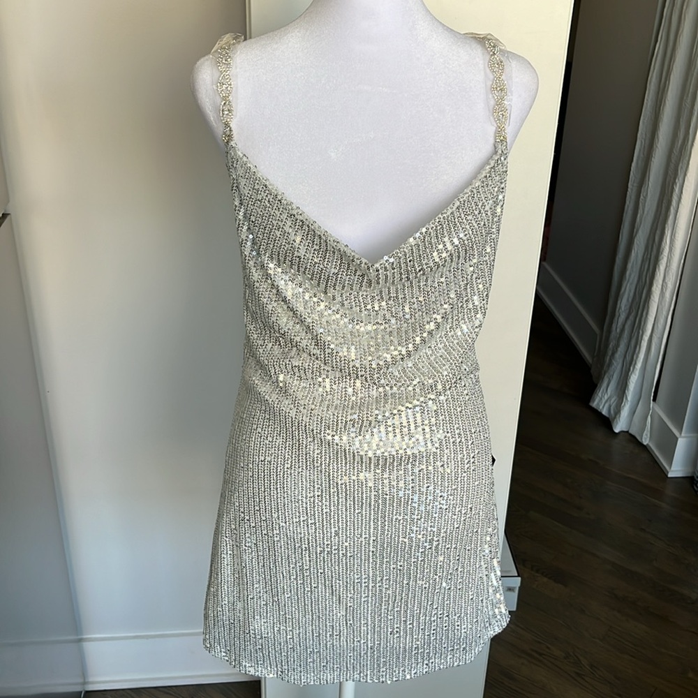 Lulu’s Silver Cowl-Neck Mini Dress with Rhinestone Straps
